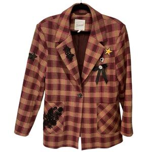 Avec Les Filles Pink and Brown Plaid Blazer with Embellishments
